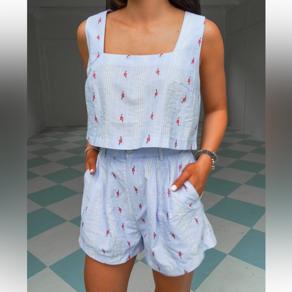 Light Blue Embroidered Cotton Shorts - Women's Summer Shorts